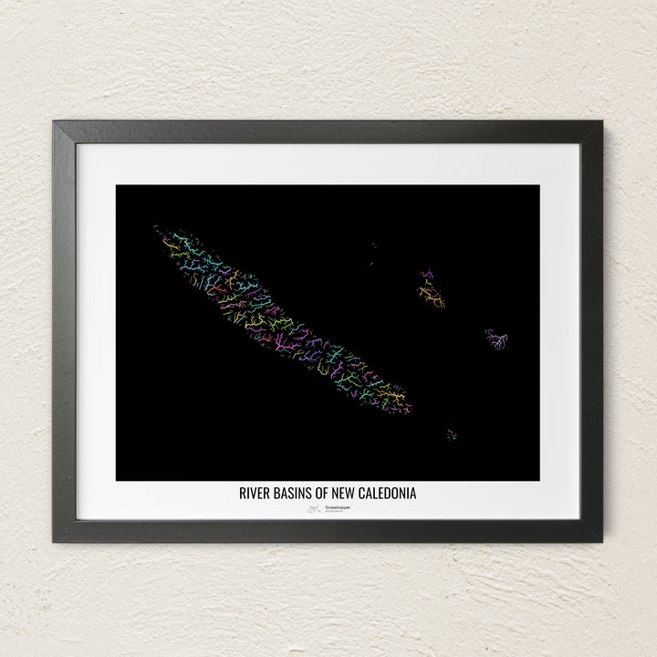 A colorful Grasshopper Geography river map on a light wall. The premium fine art poster is in a black frame with a white border. The name of the country, continent or region is printed under the image.