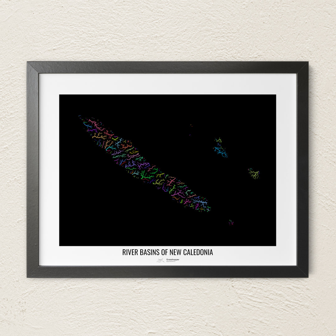 A colorful Grasshopper Geography river map on a light wall. The premium fine art poster is in a black frame with a white border. The name of the country, continent or region is printed under the image.