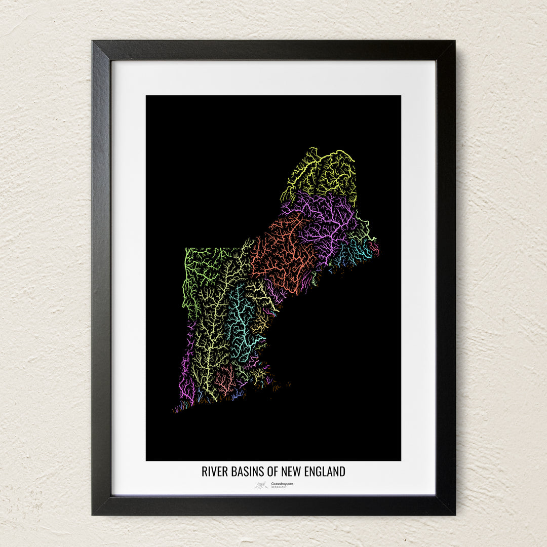 A colorful Grasshopper Geography river map on a light wall. The premium fine art poster is in a black frame with a white border. The name of the country, continent or region is printed under the image.
