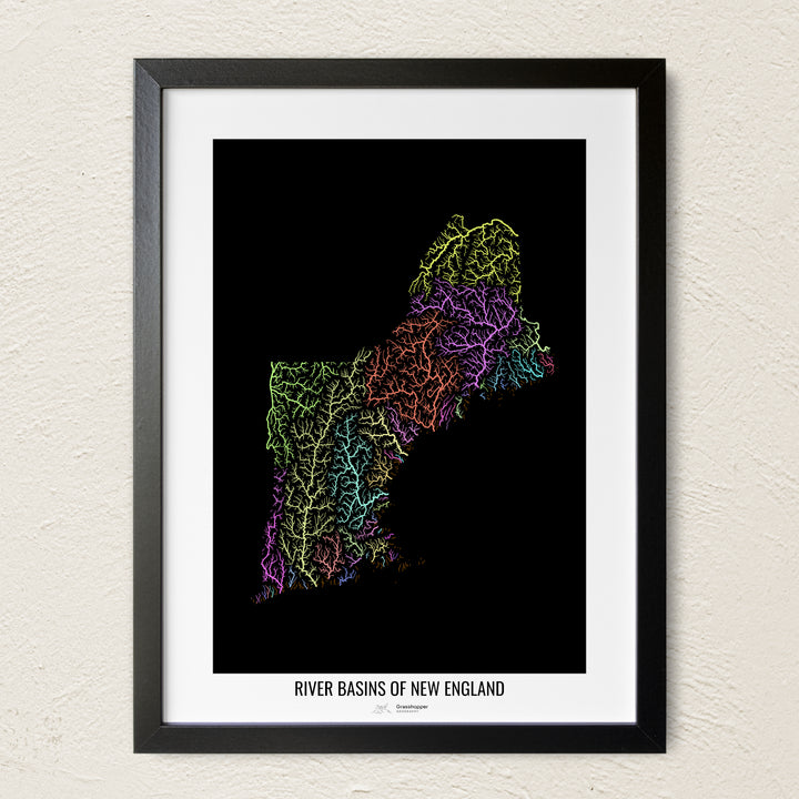 A colorful Grasshopper Geography river map on a light wall. The premium fine art poster is in a black frame with a white border. The name of the country, continent or region is printed under the image.