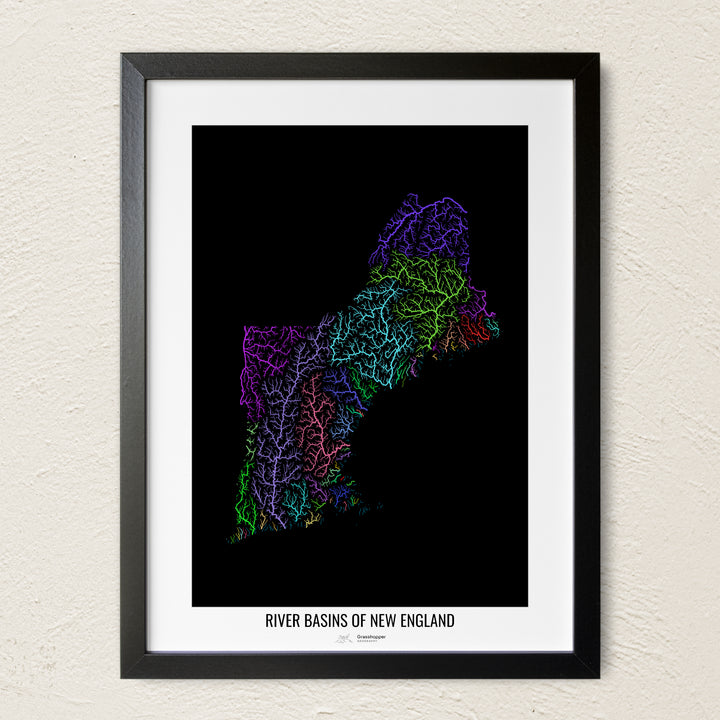 A colorful Grasshopper Geography river map on a light wall. The premium fine art poster is in a black frame with a white border. The name of the country, continent or region is printed under the image.