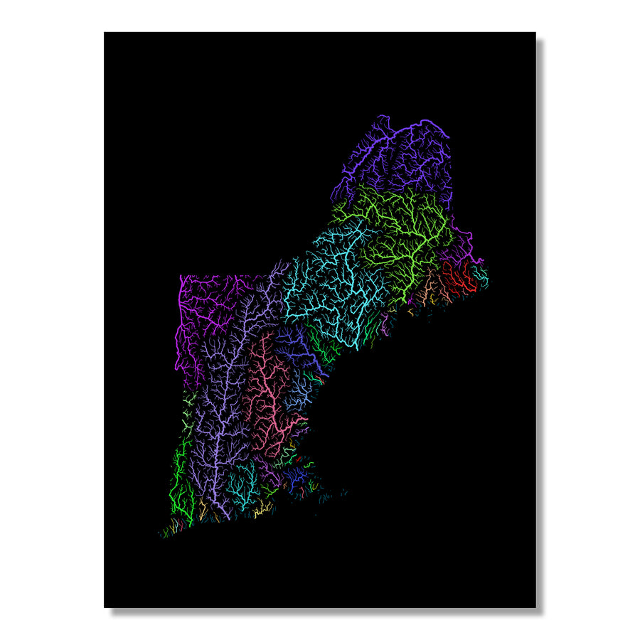 New England - River basin map, rainbow colours - Wall Art by Grasshopper Geography. Image of a high-resolution map created by geographer Robert Szucs, available as wall art and for licensing.