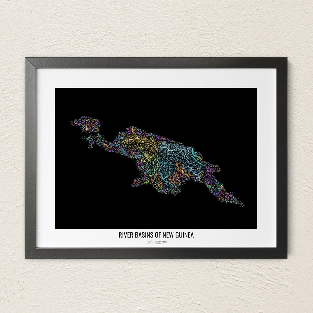 A colorful Grasshopper Geography river map on a light wall. The premium fine art poster is in a black frame with a white border. The name of the country, continent or region is printed under the image.