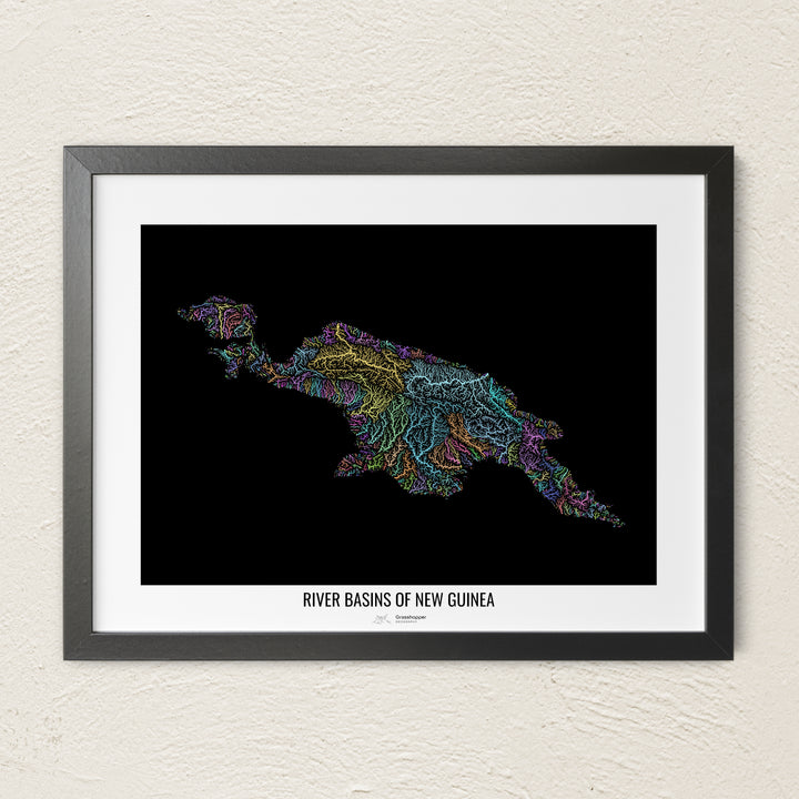 A colorful Grasshopper Geography river map on a light wall. The premium fine art poster is in a black frame with a white border. The name of the country, continent or region is printed under the image.