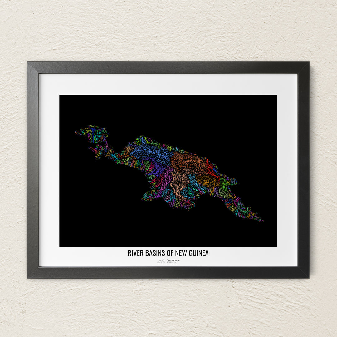 A colorful Grasshopper Geography river map on a light wall. The premium fine art poster is in a black frame with a white border. The name of the country, continent or region is printed under the image.