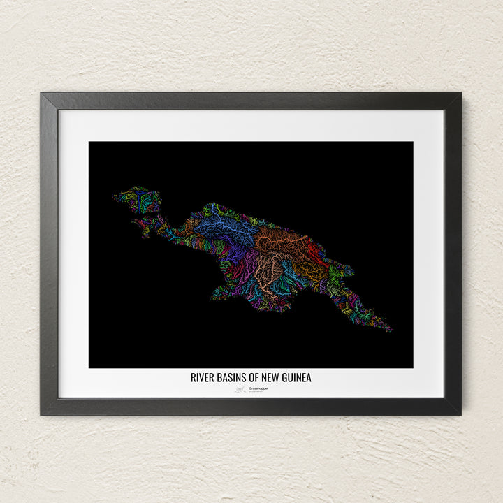 A colorful Grasshopper Geography river map on a light wall. The premium fine art poster is in a black frame with a white border. The name of the country, continent or region is printed under the image.