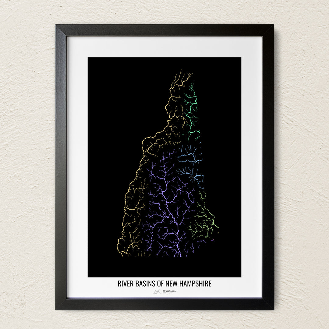 A colorful Grasshopper Geography river map on a light wall. The premium fine art poster is in a black frame with a white border. The name of the country, continent or region is printed under the image.