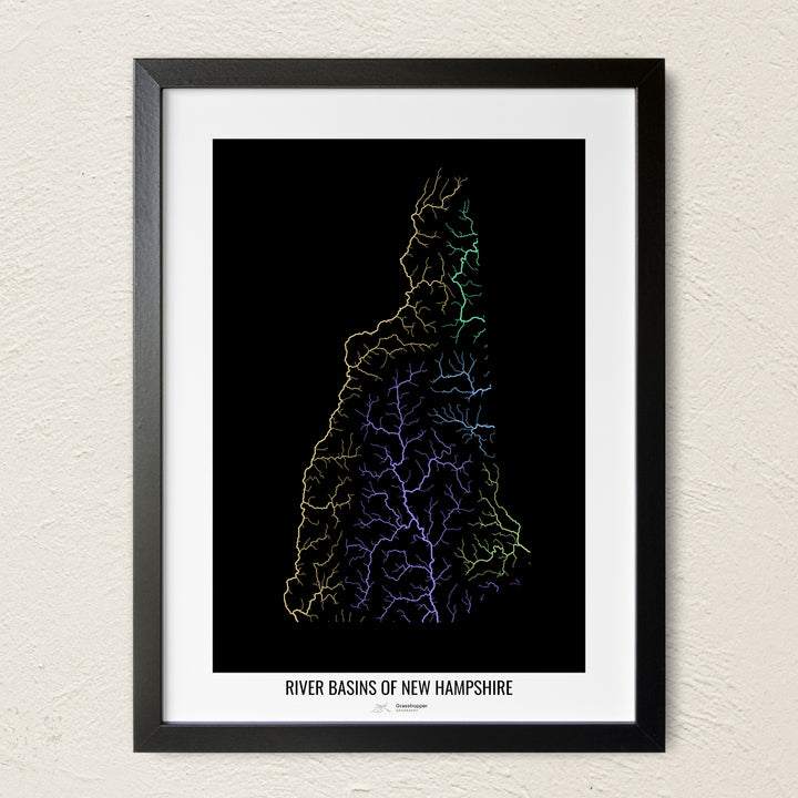 A colorful Grasshopper Geography river map on a light wall. The premium fine art poster is in a black frame with a white border. The name of the country, continent or region is printed under the image.