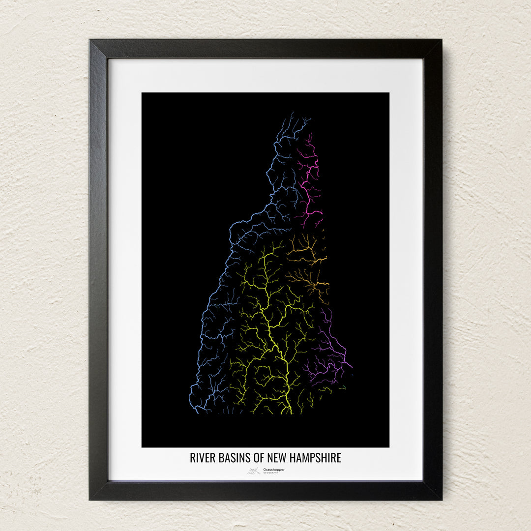 A colorful Grasshopper Geography river map on a light wall. The premium fine art poster is in a black frame with a white border. The name of the country, continent or region is printed under the image.