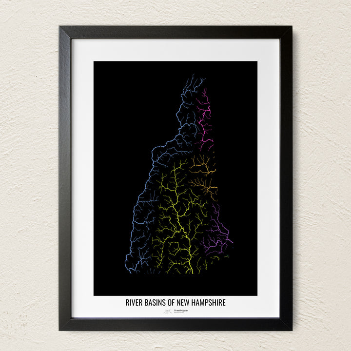 A colorful Grasshopper Geography river map on a light wall. The premium fine art poster is in a black frame with a white border. The name of the country, continent or region is printed under the image.