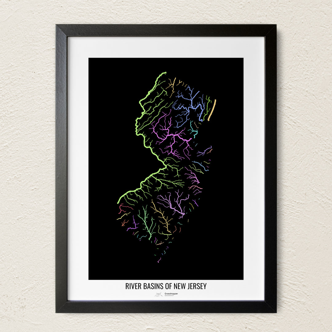 A colorful Grasshopper Geography river map on a light wall. The premium fine art poster is in a black frame with a white border. The name of the country, continent or region is printed under the image.