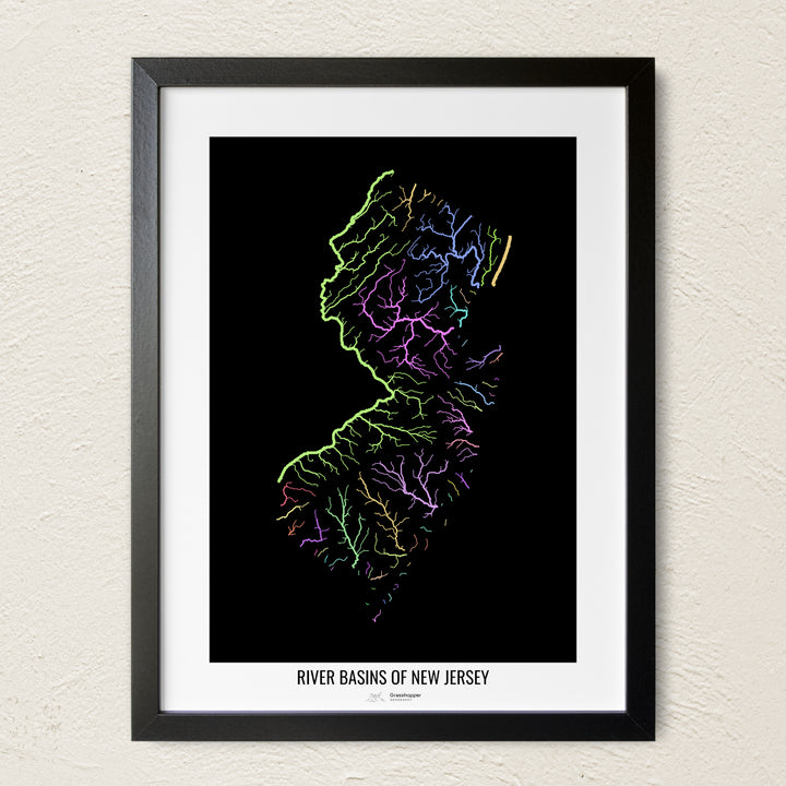 A colorful Grasshopper Geography river map on a light wall. The premium fine art poster is in a black frame with a white border. The name of the country, continent or region is printed under the image.