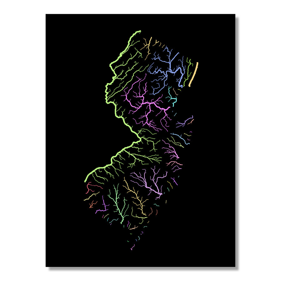 New Jersey - River basin map, pastel colours - Wall Art by Grasshopper Geography. Image of a high-resolution map created by geographer Robert Szucs, available as wall art and for licensing.