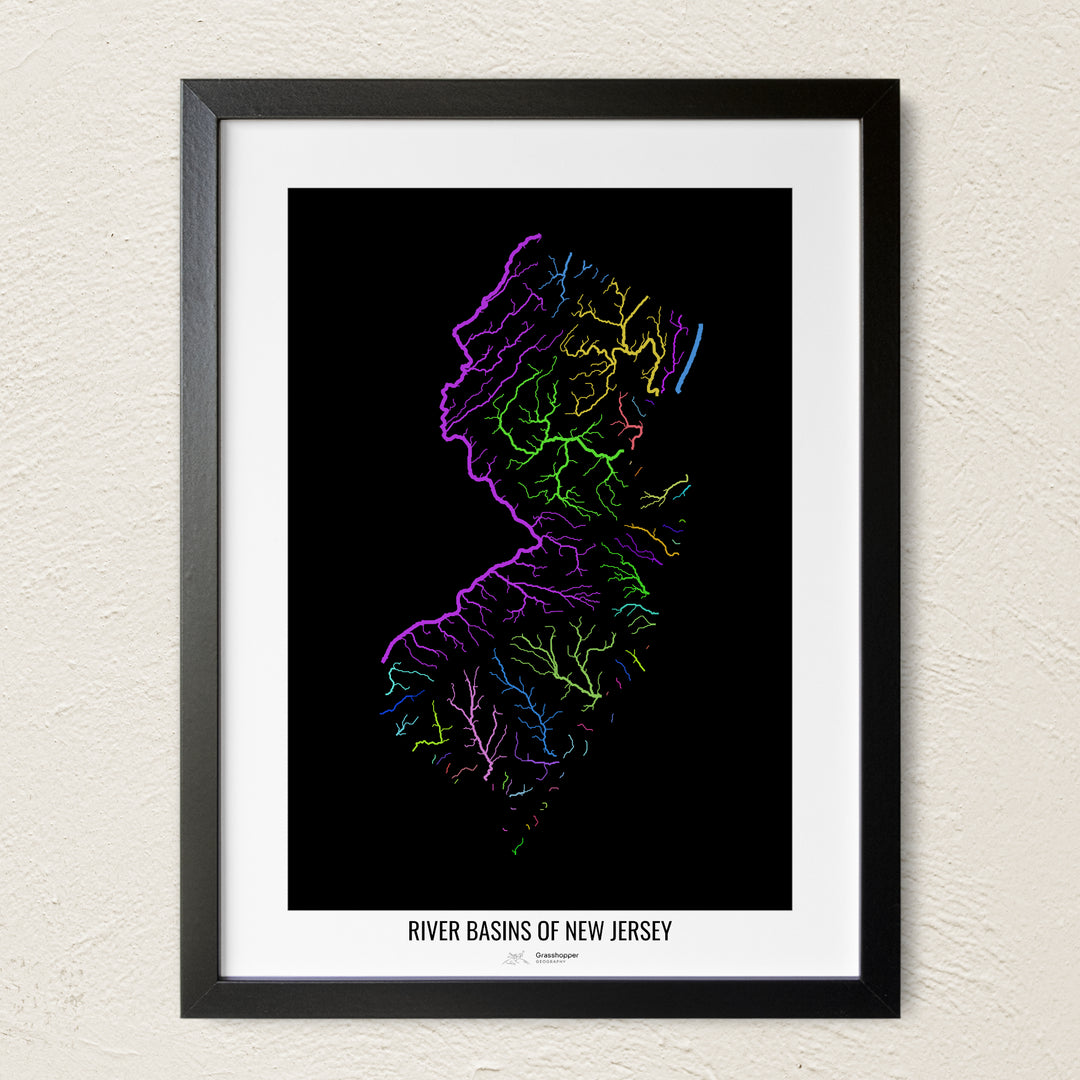 A colorful Grasshopper Geography river map on a light wall. The premium fine art poster is in a black frame with a white border. The name of the country, continent or region is printed under the image.