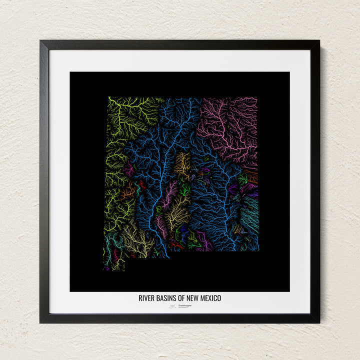 A colorful Grasshopper Geography river map on a light wall. The premium fine art poster is in a black frame with a white border. The name of the country, continent or region is printed under the image.