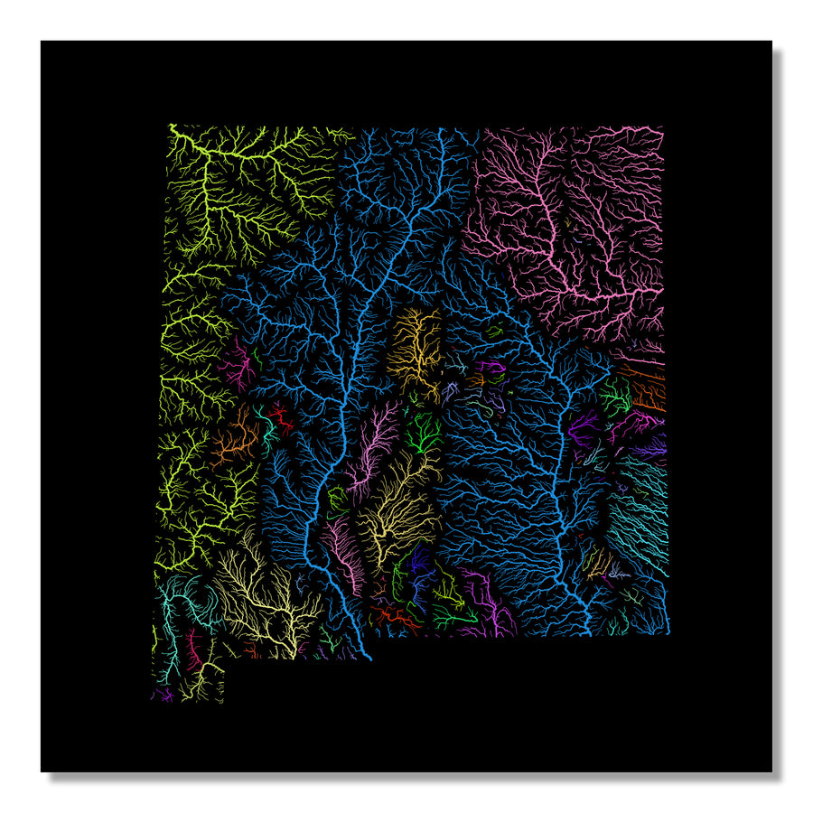 New Mexico - River basin map, rainbow colours - Wall Art by Grasshopper Geography. Image of a high-resolution map created by geographer Robert Szucs, available as wall art and for licensing.
