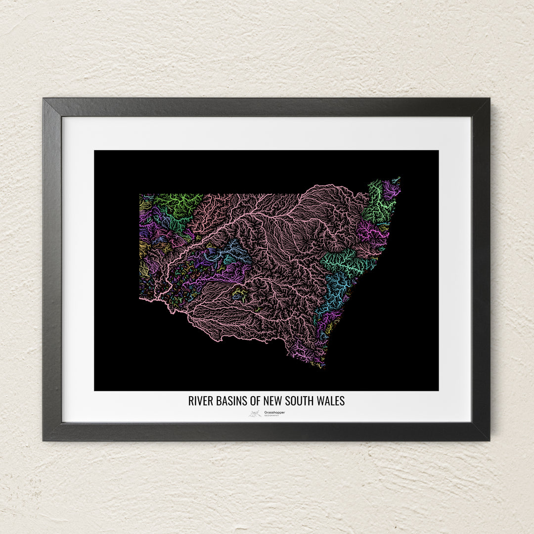 A colorful Grasshopper Geography river map on a light wall. The premium fine art poster is in a black frame with a white border. The name of the country, continent or region is printed under the image.