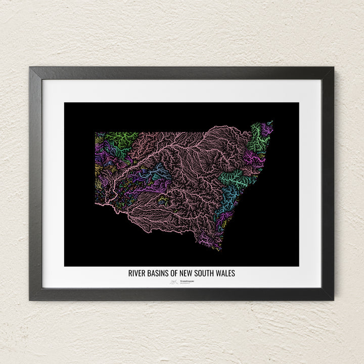 A colorful Grasshopper Geography river map on a light wall. The premium fine art poster is in a black frame with a white border. The name of the country, continent or region is printed under the image.