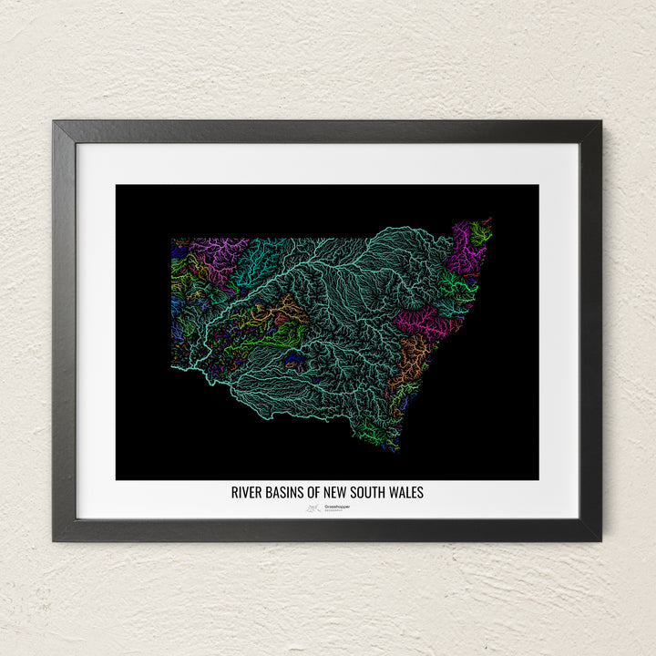 A colorful Grasshopper Geography river map on a light wall. The premium fine art poster is in a black frame with a white border. The name of the country, continent or region is printed under the image.