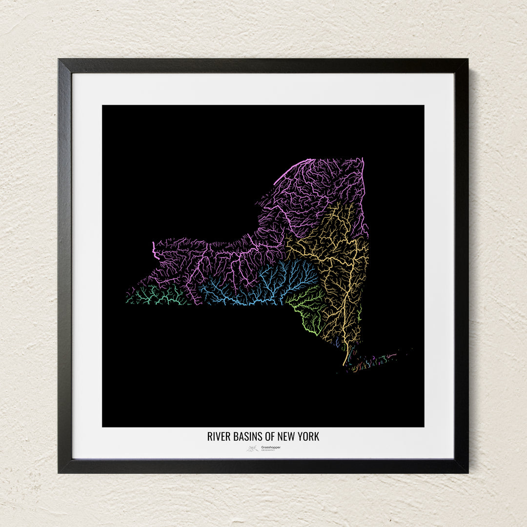 A colorful Grasshopper Geography river map on a light wall. The premium fine art poster is in a black frame with a white border. The name of the country, continent or region is printed under the image.