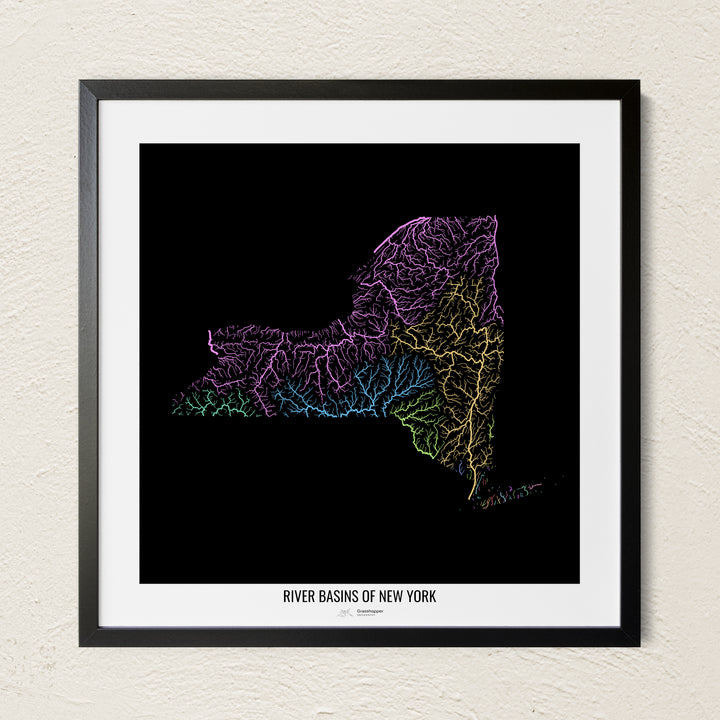 A colorful Grasshopper Geography river map on a light wall. The premium fine art poster is in a black frame with a white border. The name of the country, continent or region is printed under the image.