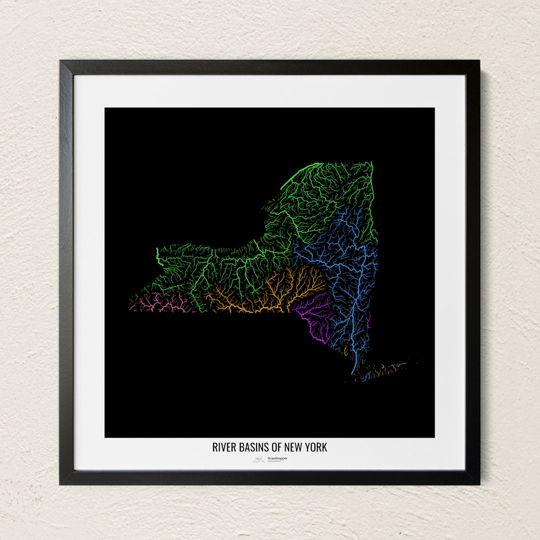 A colorful Grasshopper Geography river map on a light wall. The premium fine art poster is in a black frame with a white border. The name of the country, continent or region is printed under the image.