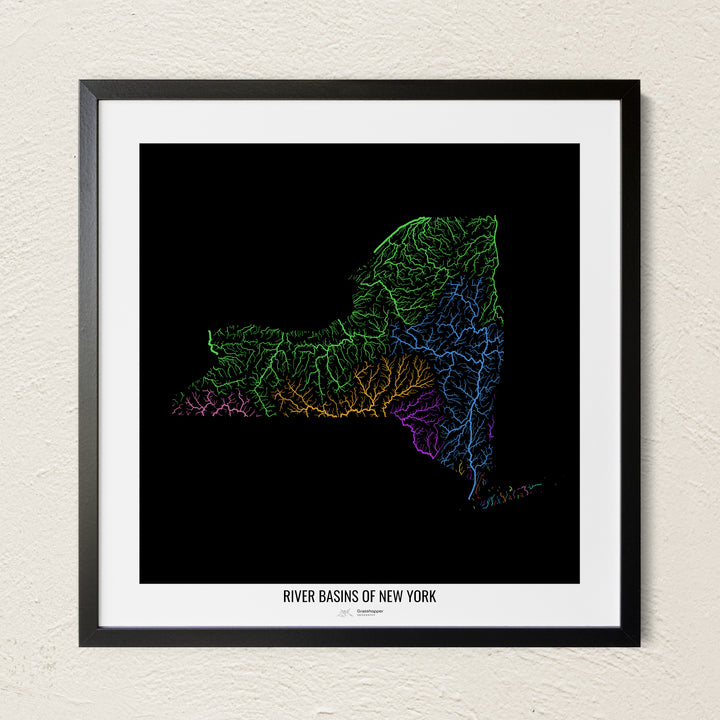 A colorful Grasshopper Geography river map on a light wall. The premium fine art poster is in a black frame with a white border. The name of the country, continent or region is printed under the image.
