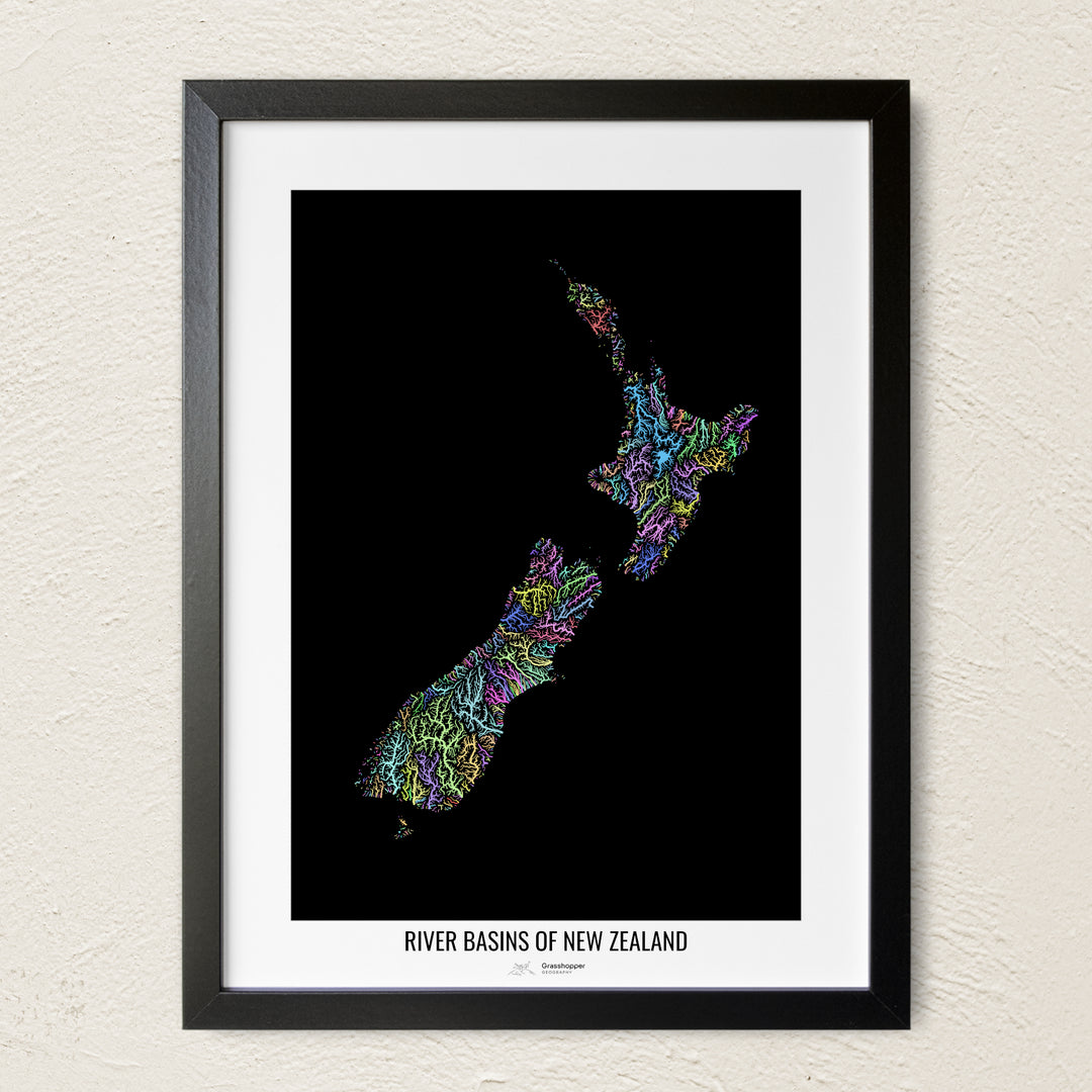 A colorful Grasshopper Geography river map on a light wall. The premium fine art poster is in a black frame with a white border. The name of the country, continent or region is printed under the image.