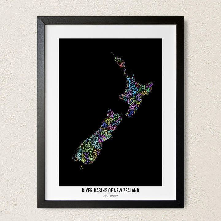 A colorful Grasshopper Geography river map on a light wall. The premium fine art poster is in a black frame with a white border. The name of the country, continent or region is printed under the image.