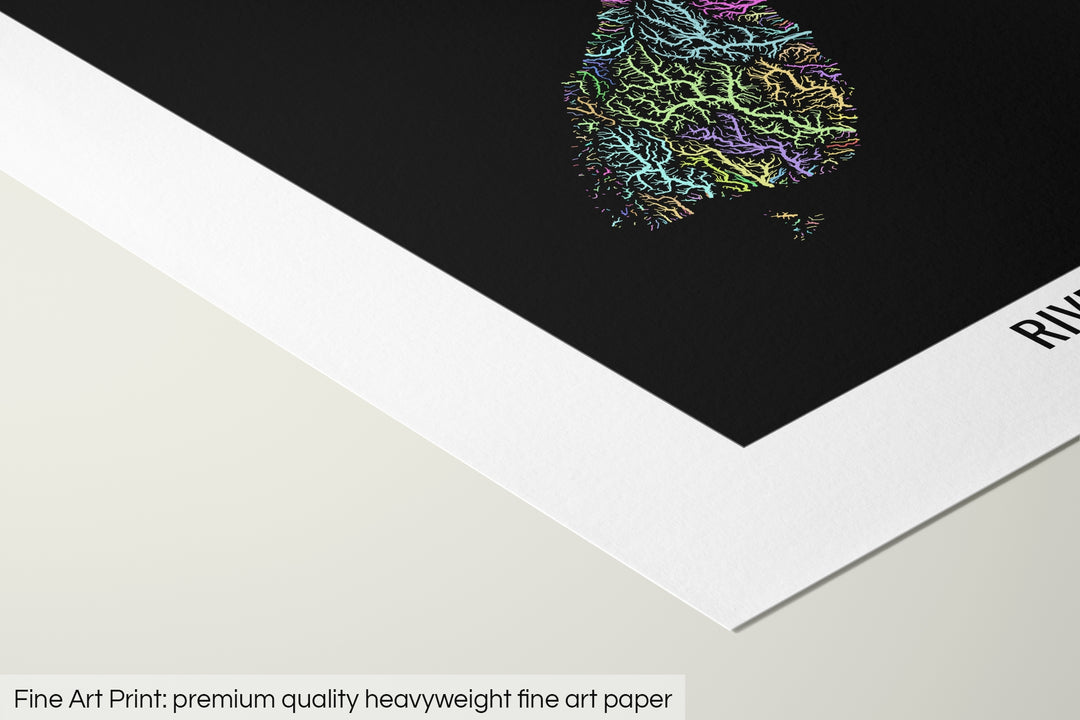 Closeup of a fine art print's corner lying on a flat surface, the details of a Grasshopper Geography map is visible. The text at the bottom reads: Fine art print - premium quality heavyweight fine art paper.