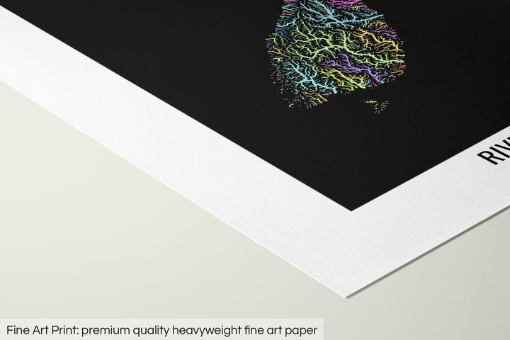 Closeup of a fine art print's corner lying on a flat surface, the details of a Grasshopper Geography map is visible. The text at the bottom reads: Fine art print - premium quality heavyweight fine art paper.