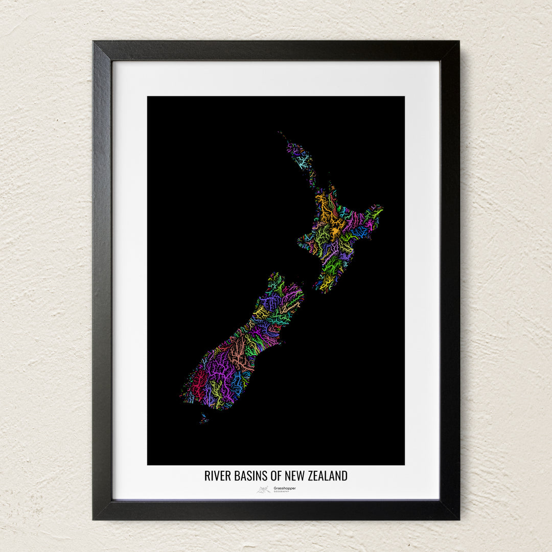 A colorful Grasshopper Geography river map on a light wall. The premium fine art poster is in a black frame with a white border. The name of the country, continent or region is printed under the image.