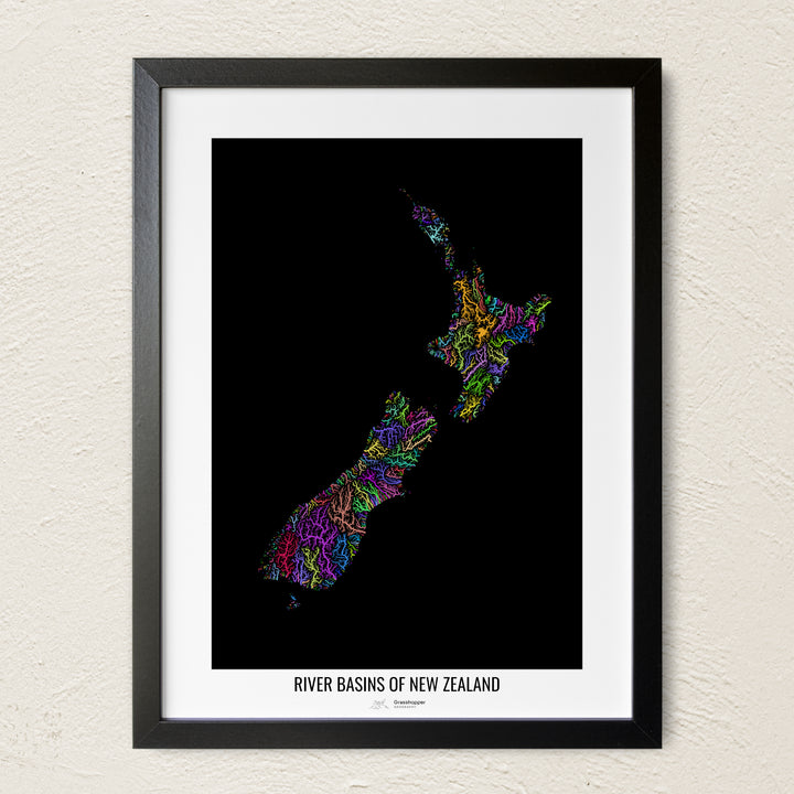 A colorful Grasshopper Geography river map on a light wall. The premium fine art poster is in a black frame with a white border. The name of the country, continent or region is printed under the image.