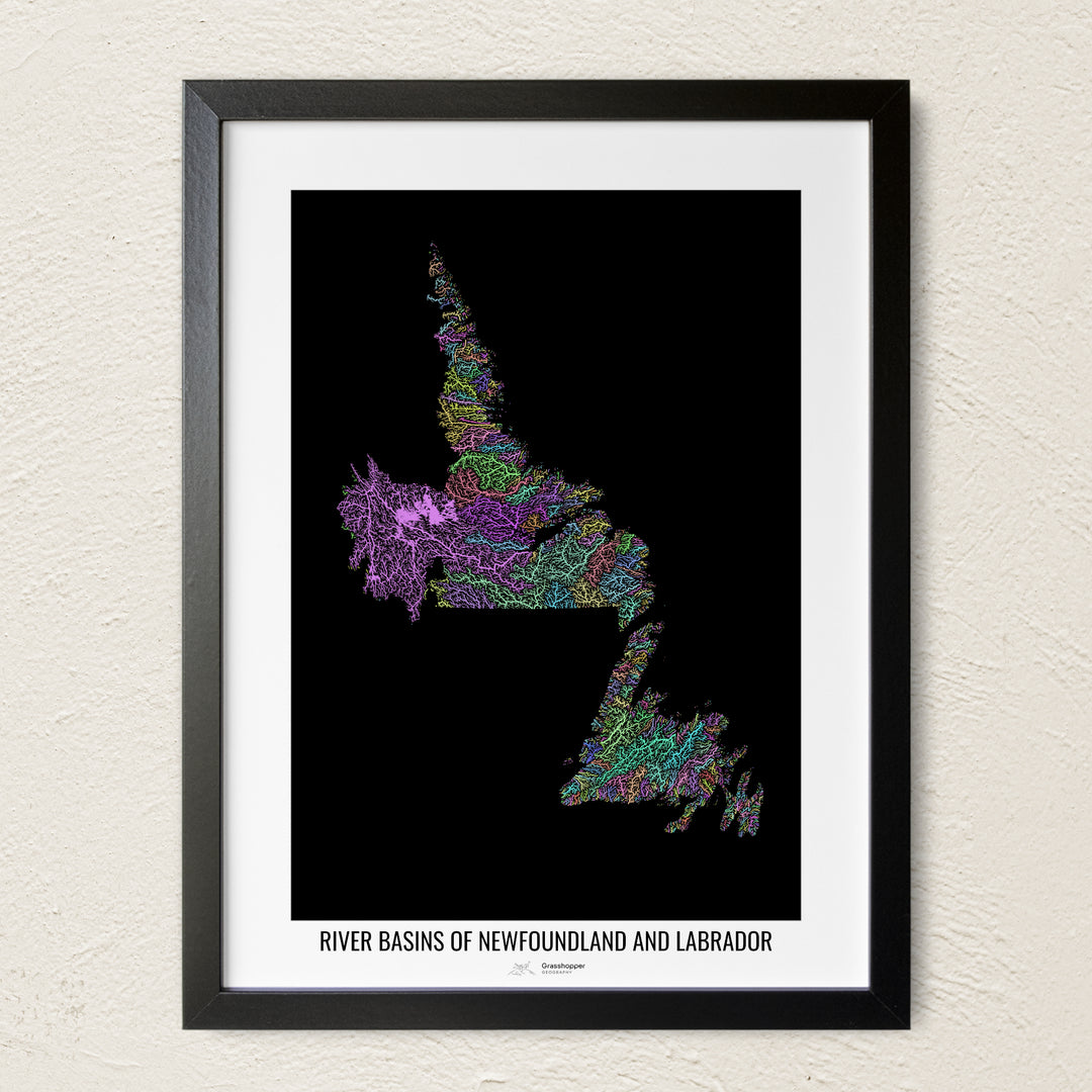 A colorful Grasshopper Geography river map on a light wall. The premium fine art poster is in a black frame with a white border. The name of the country, continent or region is printed under the image.