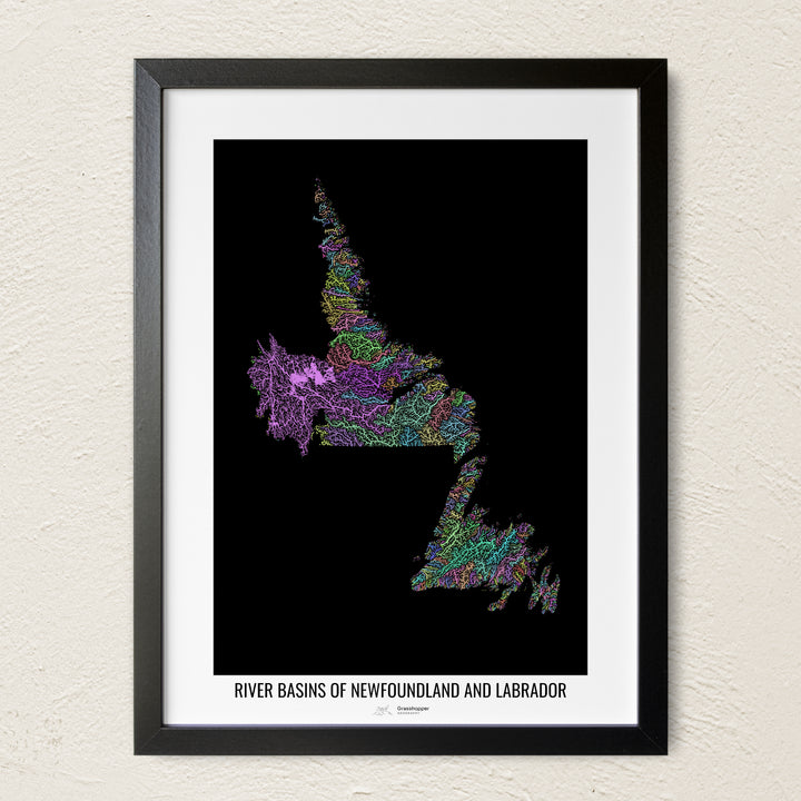A colorful Grasshopper Geography river map on a light wall. The premium fine art poster is in a black frame with a white border. The name of the country, continent or region is printed under the image.