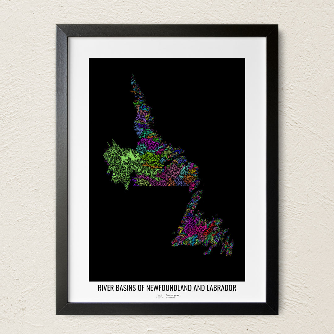 A colorful Grasshopper Geography river map on a light wall. The premium fine art poster is in a black frame with a white border. The name of the country, continent or region is printed under the image.
