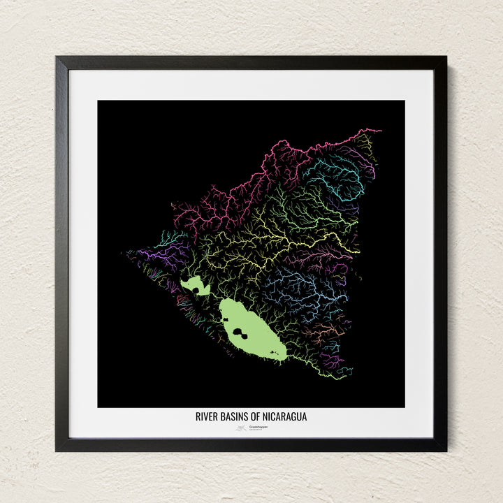 A colorful Grasshopper Geography river map on a light wall. The premium fine art poster is in a black frame with a white border. The name of the country, continent or region is printed under the image.