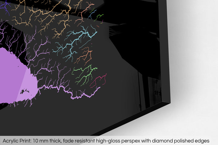 Closeup of an acrylic panel's corner, the details of a Grasshopper Geography map is visible. The text at the bottom reads: Acrylic print - 10 mm thick, fade reistant high-gloss perspex with diamond polished edges.