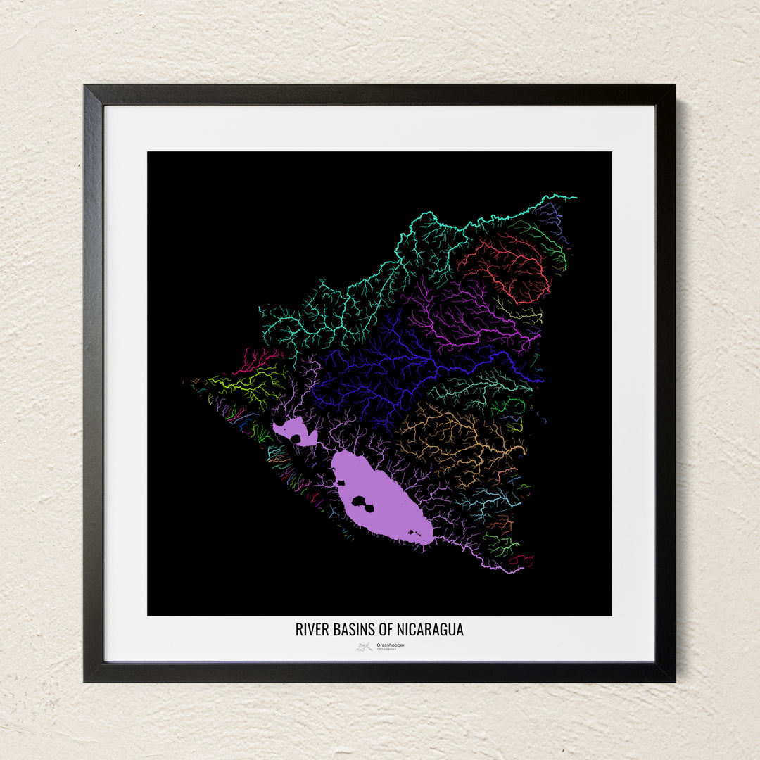 A colorful Grasshopper Geography river map on a light wall. The premium fine art poster is in a black frame with a white border. The name of the country, continent or region is printed under the image.