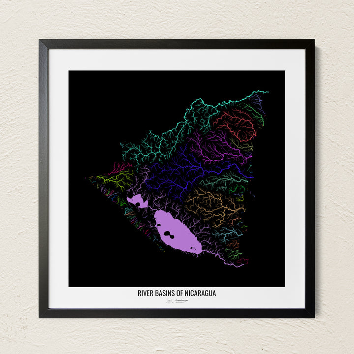 A colorful Grasshopper Geography river map on a light wall. The premium fine art poster is in a black frame with a white border. The name of the country, continent or region is printed under the image.