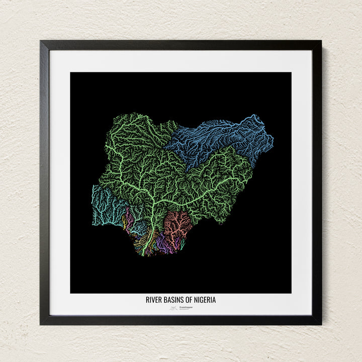 A colorful Grasshopper Geography river map on a light wall. The premium fine art poster is in a black frame with a white border. The name of the country, continent or region is printed under the image.