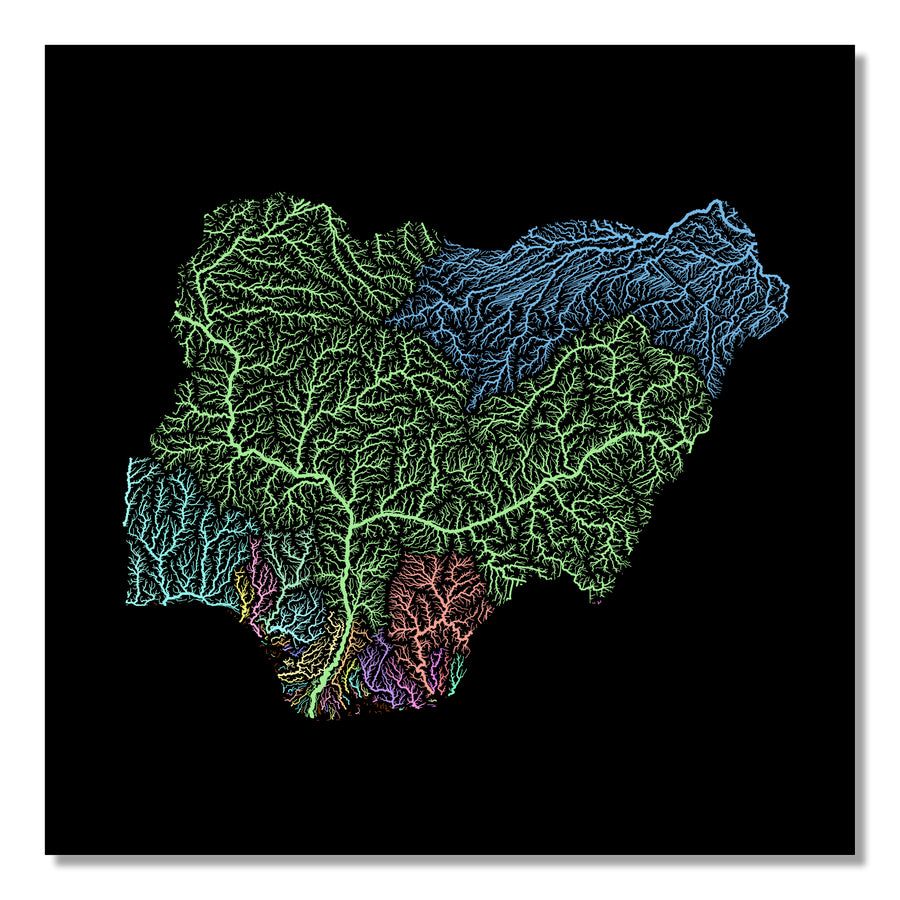 Nigeria - River basin map, pastel colours - Wall Art by Grasshopper Geography. Image of a high-resolution map created by geographer Robert Szucs, available as wall art and for licensing.