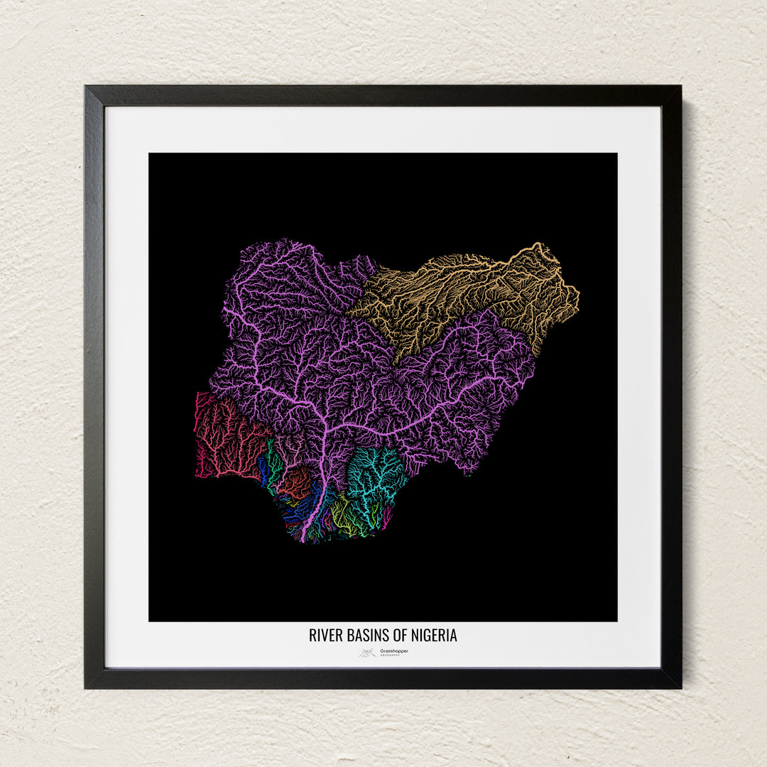 A colorful Grasshopper Geography river map on a light wall. The premium fine art poster is in a black frame with a white border. The name of the country, continent or region is printed under the image.