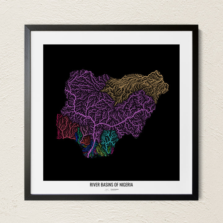 A colorful Grasshopper Geography river map on a light wall. The premium fine art poster is in a black frame with a white border. The name of the country, continent or region is printed under the image.
