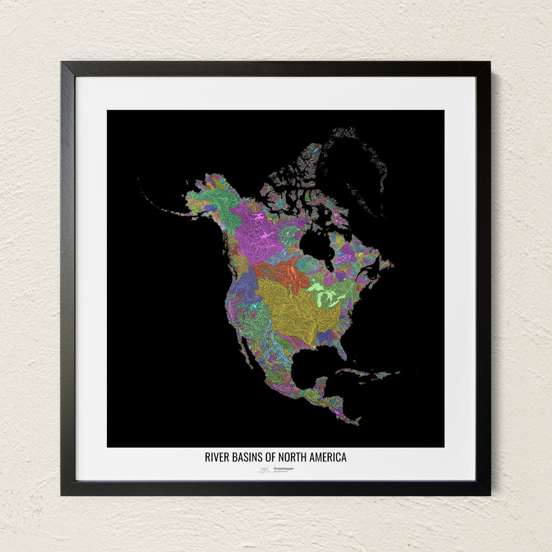 A colorful Grasshopper Geography river map on a light wall. The premium fine art poster is in a black frame with a white border. The name of the country, continent or region is printed under the image.