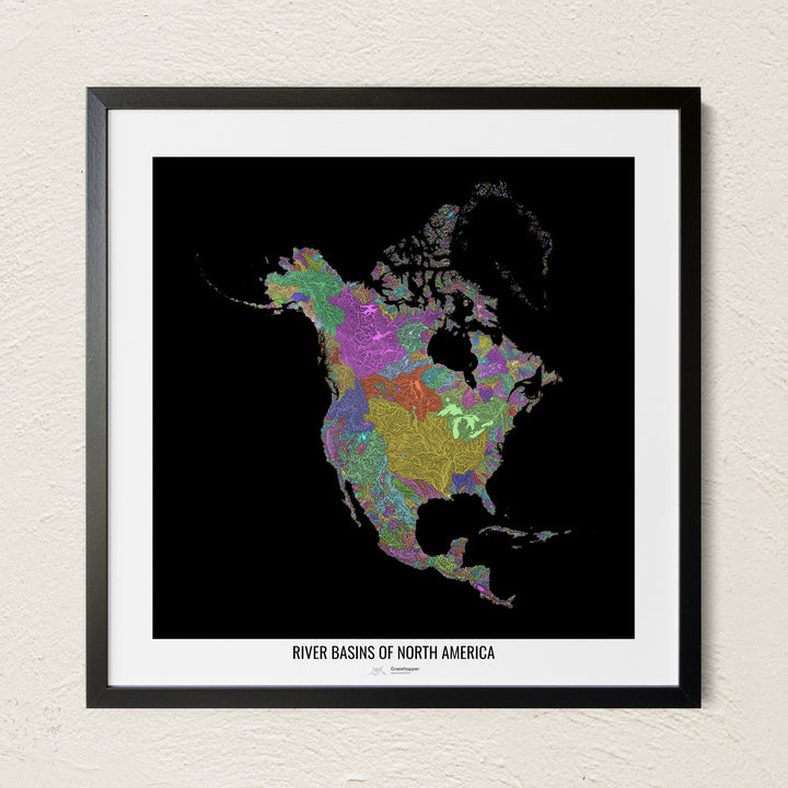 A colorful Grasshopper Geography river map on a light wall. The premium fine art poster is in a black frame with a white border. The name of the country, continent or region is printed under the image.