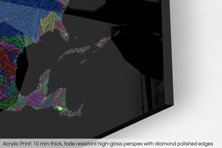 Closeup of an acrylic panel's corner, the details of a Grasshopper Geography map is visible. The text at the bottom reads: Acrylic print - 10 mm thick, fade reistant high-gloss perspex with diamond polished edges.