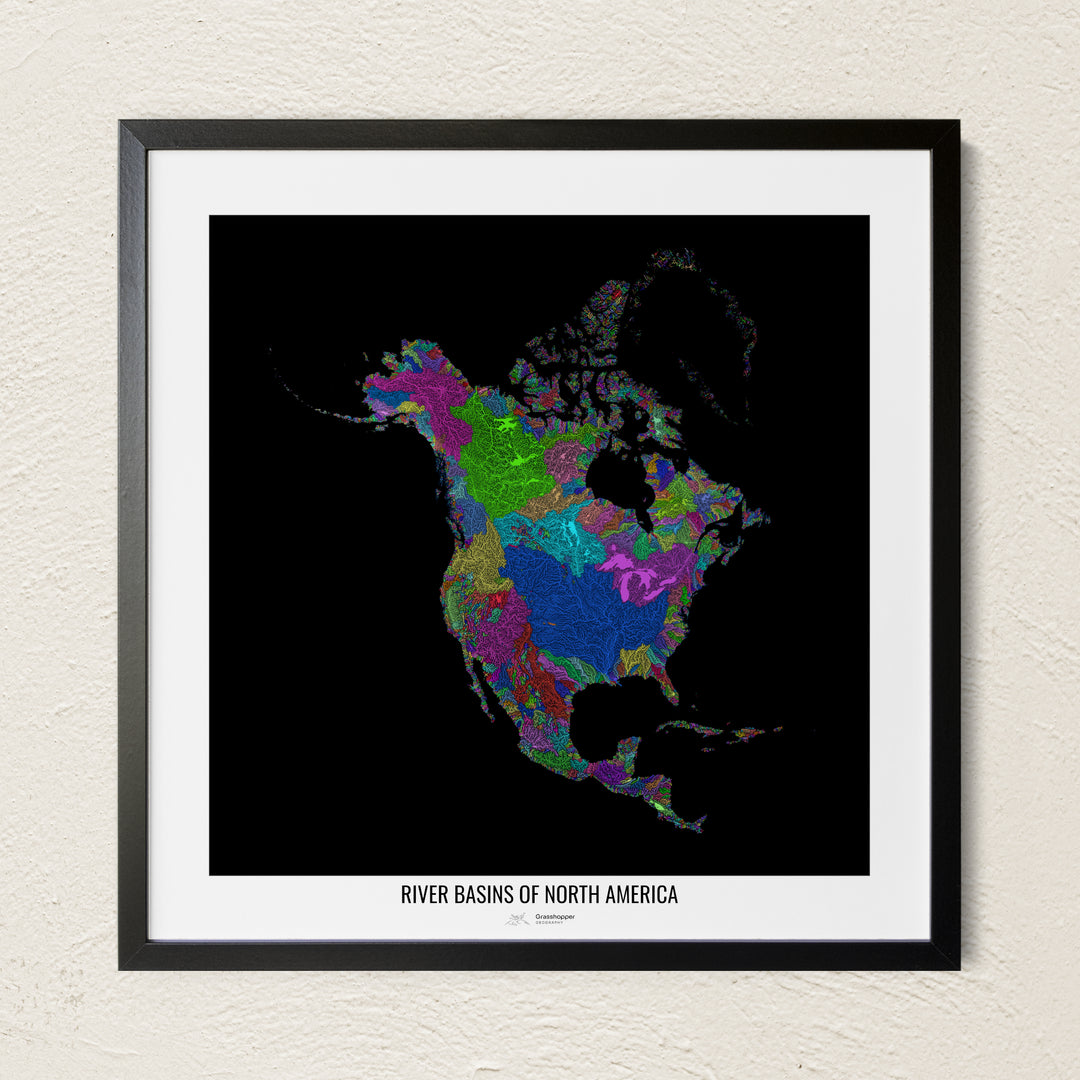 A colorful Grasshopper Geography river map on a light wall. The premium fine art poster is in a black frame with a white border. The name of the country, continent or region is printed under the image.