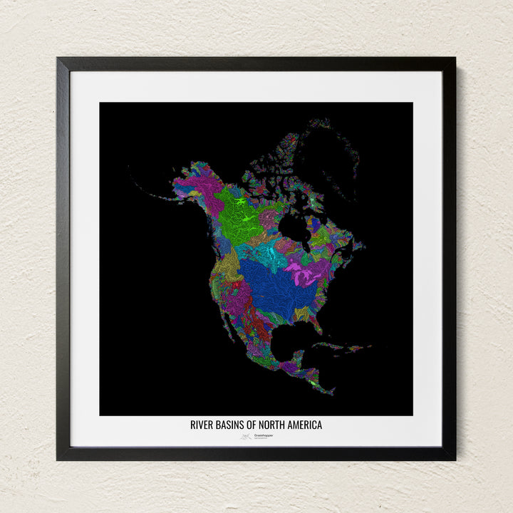 A colorful Grasshopper Geography river map on a light wall. The premium fine art poster is in a black frame with a white border. The name of the country, continent or region is printed under the image.
