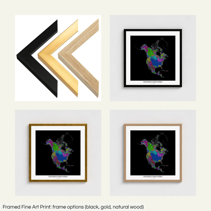 The image shows the different frames available at Grasshopper Geography's map shop: black, golden and natural wood. The image is a collection of four smaller pictures: the first one shows the wooden frames up close, the other three are mockups of the printed map in each frame.
